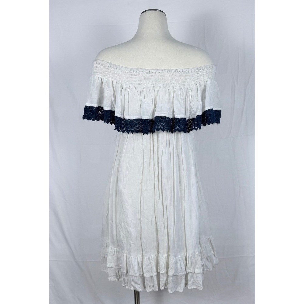 Vintage White Off Shoulder Dress L Smocked Ruffle Lace Gypsy Hippie 70s Festival - Picture 5 of 10